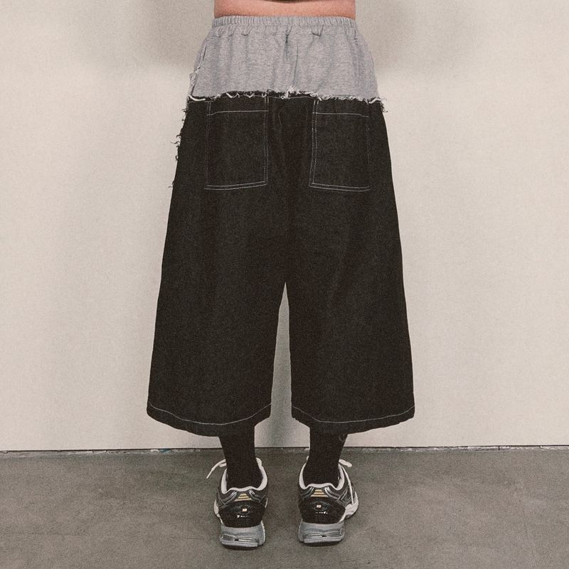 layered deconstructed denim capri shorts_black