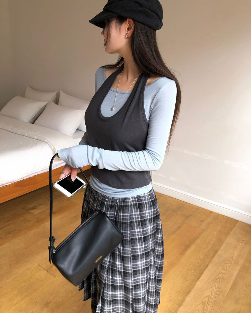 [ORIGINAL] Buckle Check Midi Pleated Skirt