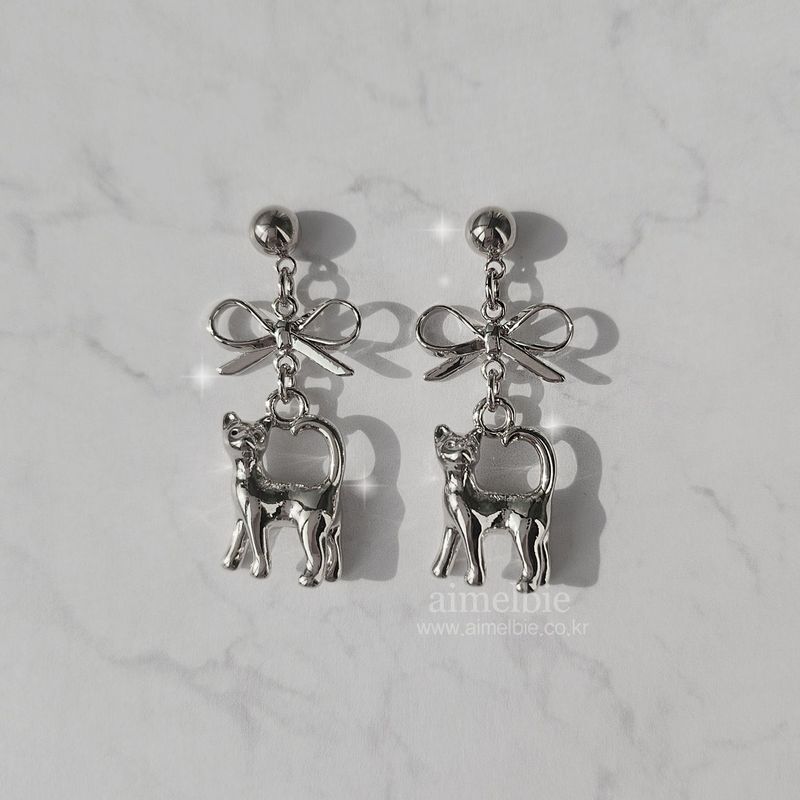 Kitty and Bow Earring - Silver Color