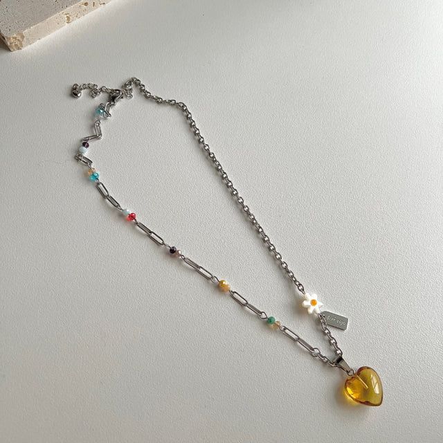 ely Yellow Orange Heart Flower Beads Hip Handmade Necklace