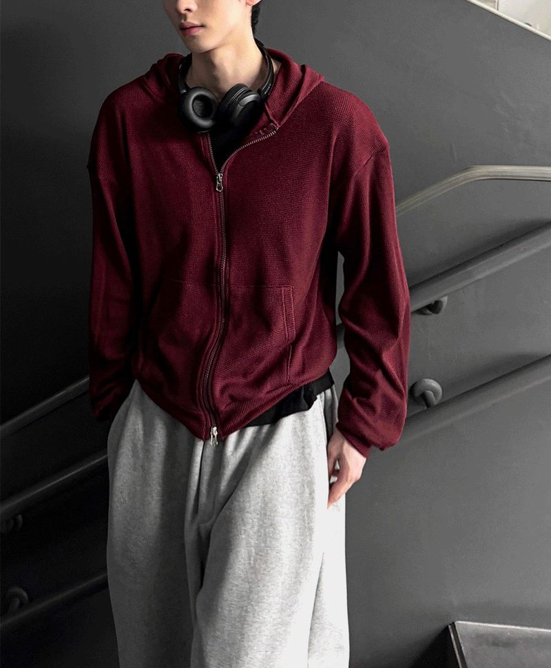 Marom Waffle Two-Way Hooded Zip-Up