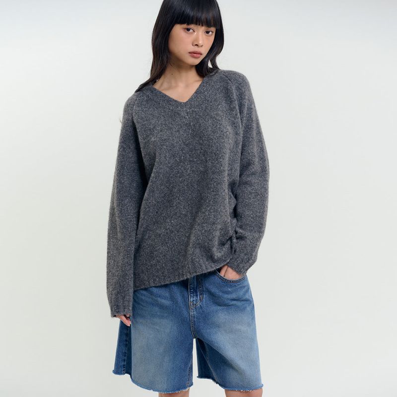 Soft Brushed V-Neck Knit Charcoal