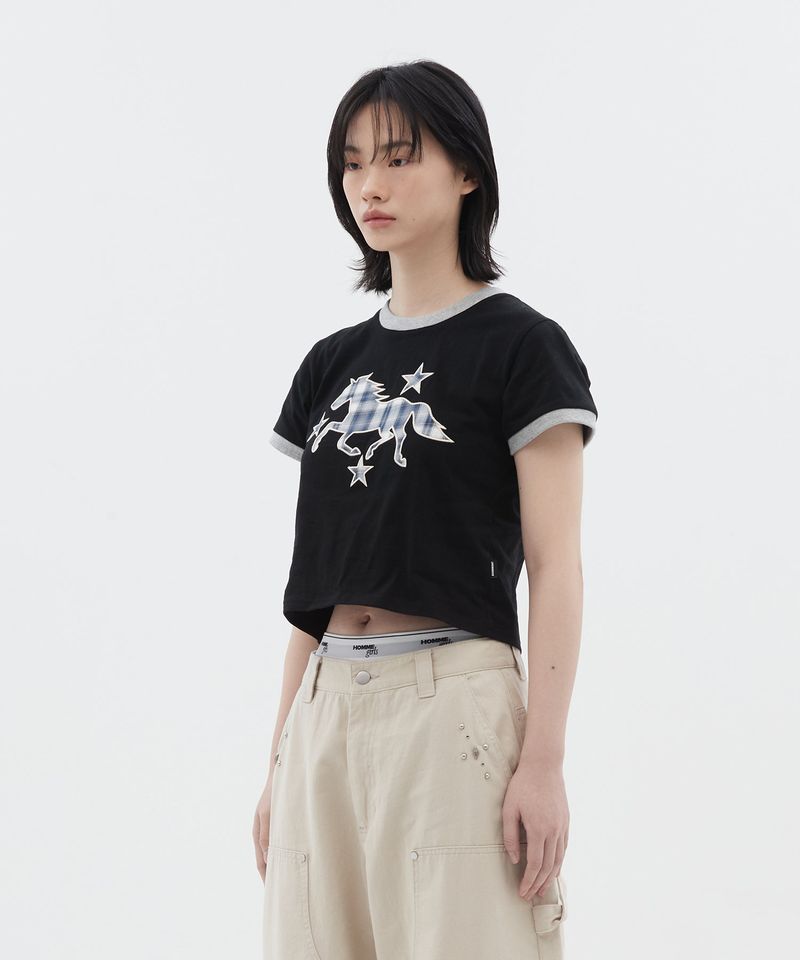 3 Star Horse Patch Crop T-Shirt_Black