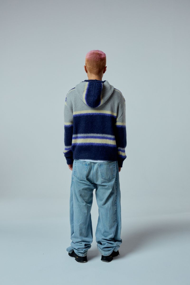 EEERRR Stripe brushed wool knit hoodie zip-up (Navy)