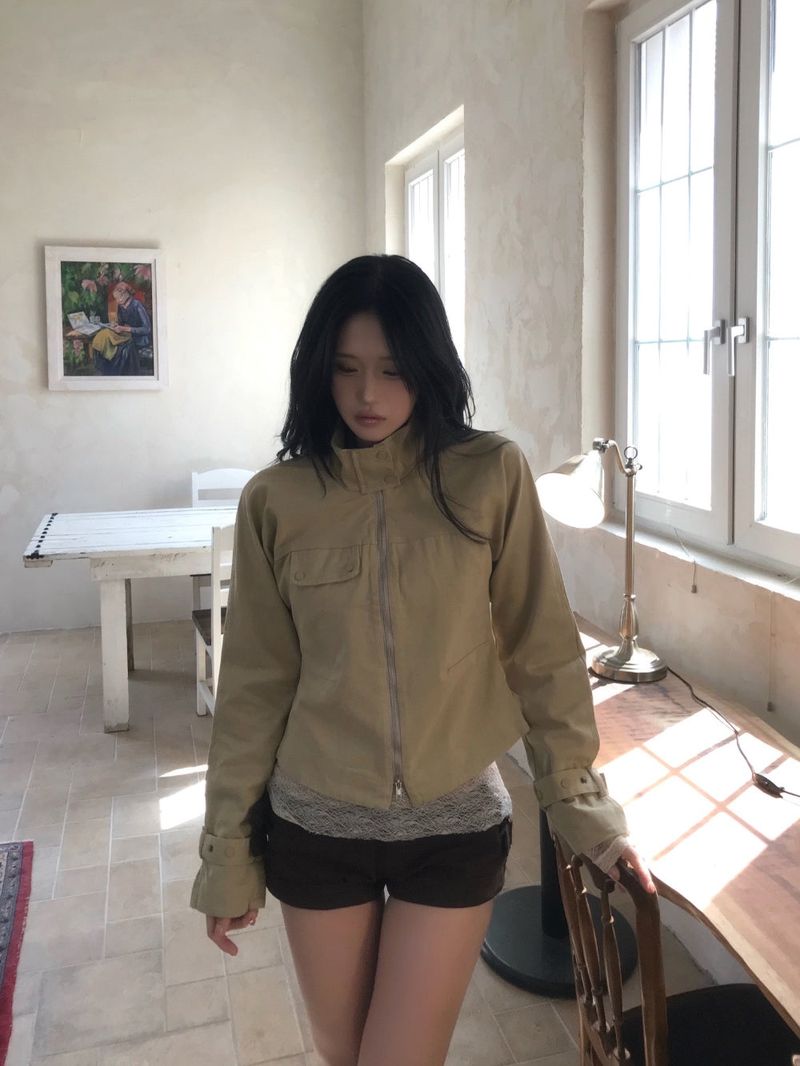 Luen High-neck Belt Raglan Cotton Jacket