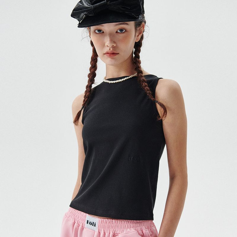 Foli(フォリー)の「Rib Boatneck Sleeveless, Black(Tops)」