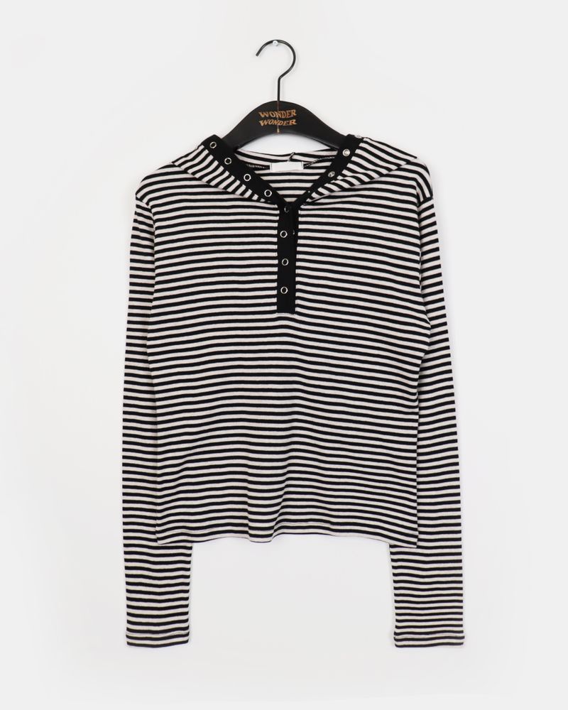 Pao Stripe Snap Button Coloring Long Sleeve Hooded T-Shirt