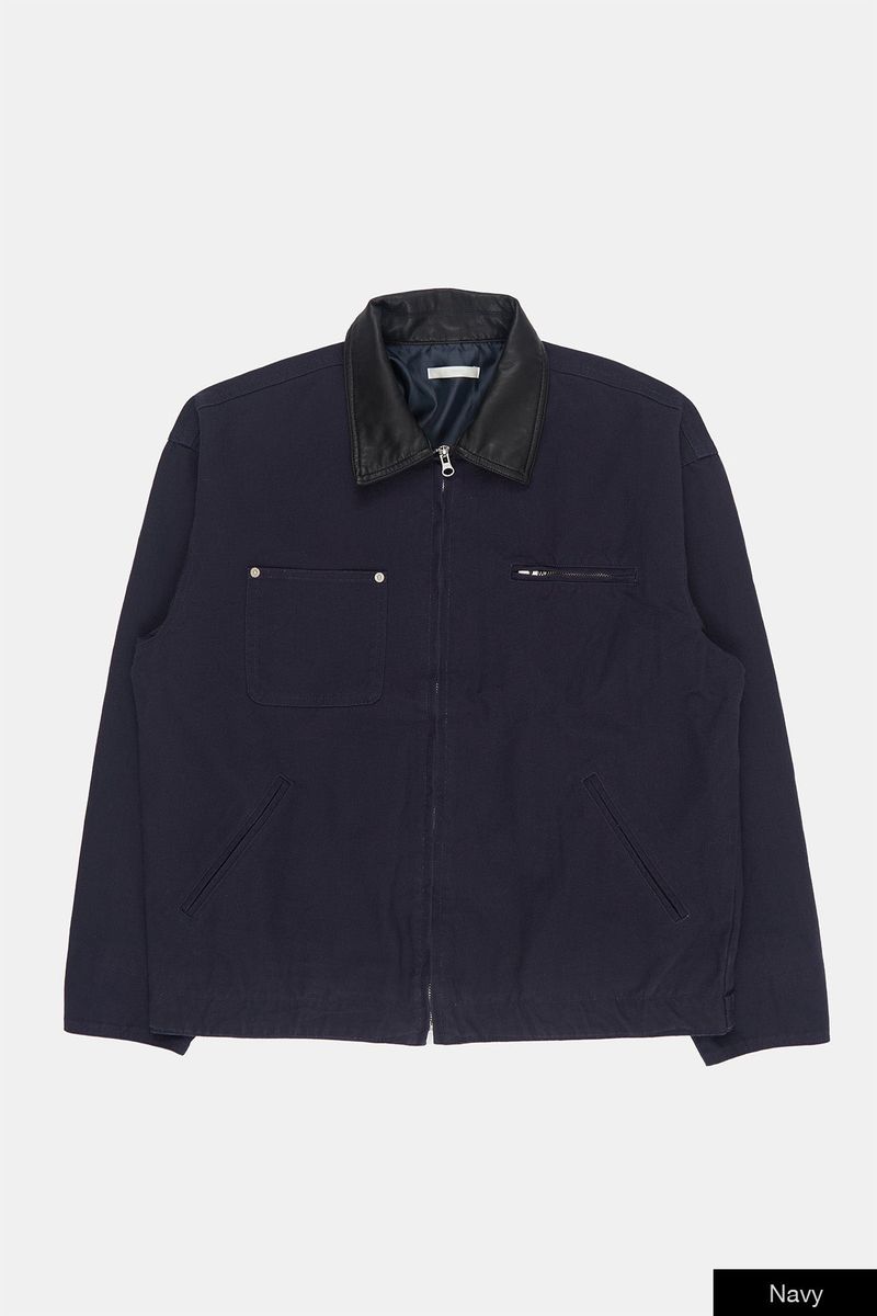 Leather collar vintage zip-up work jacket