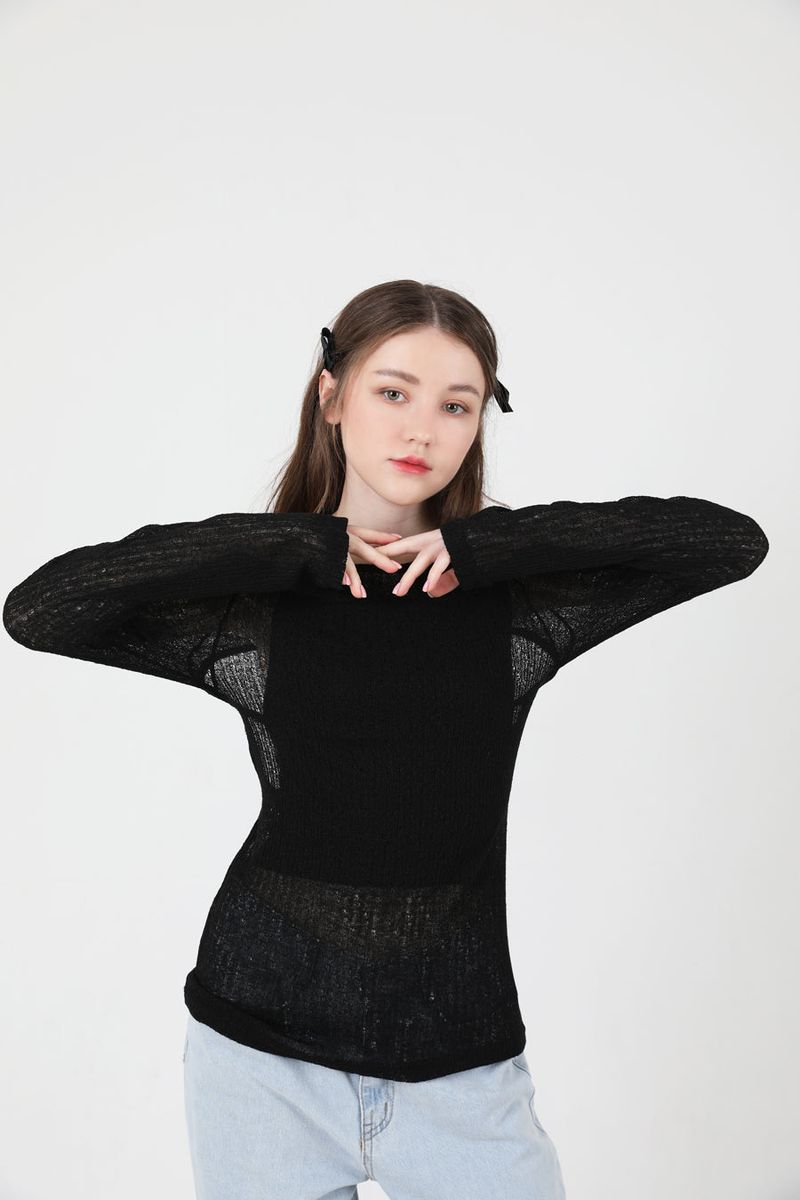 See-Throught Back Slit Long Sleeve Knit Black