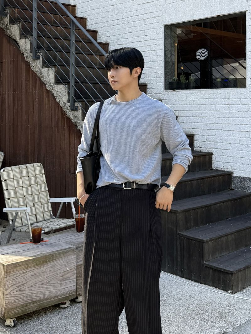 Waffle diagonal button crop long-sleeve t-shirt