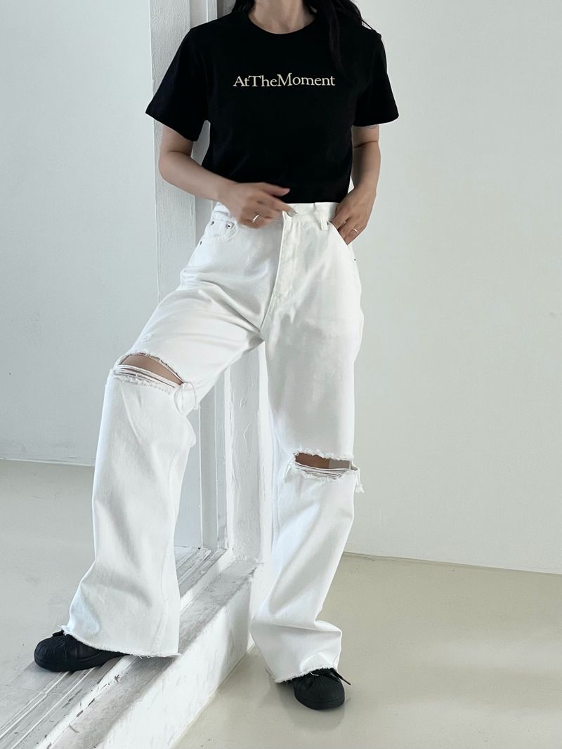 Damage cutting wide denim pants