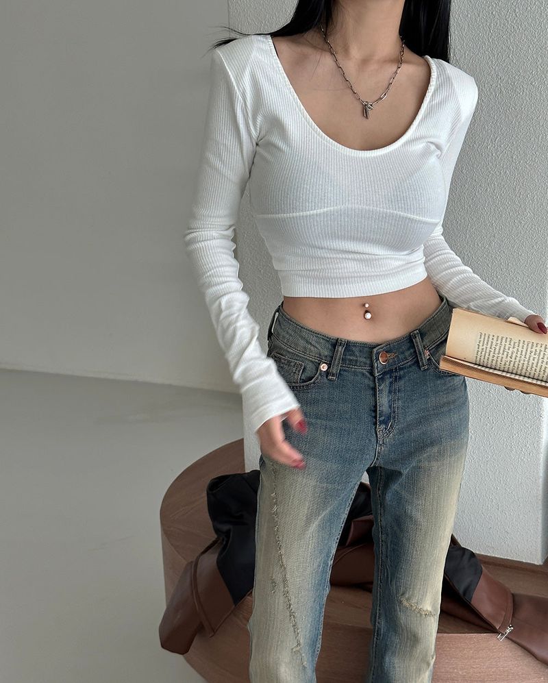 Slit Deep U-Neck Shoulder Pad T-Shirt