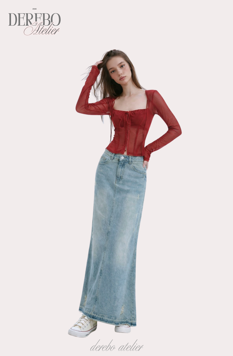red square chiffon long-sleeve blouse