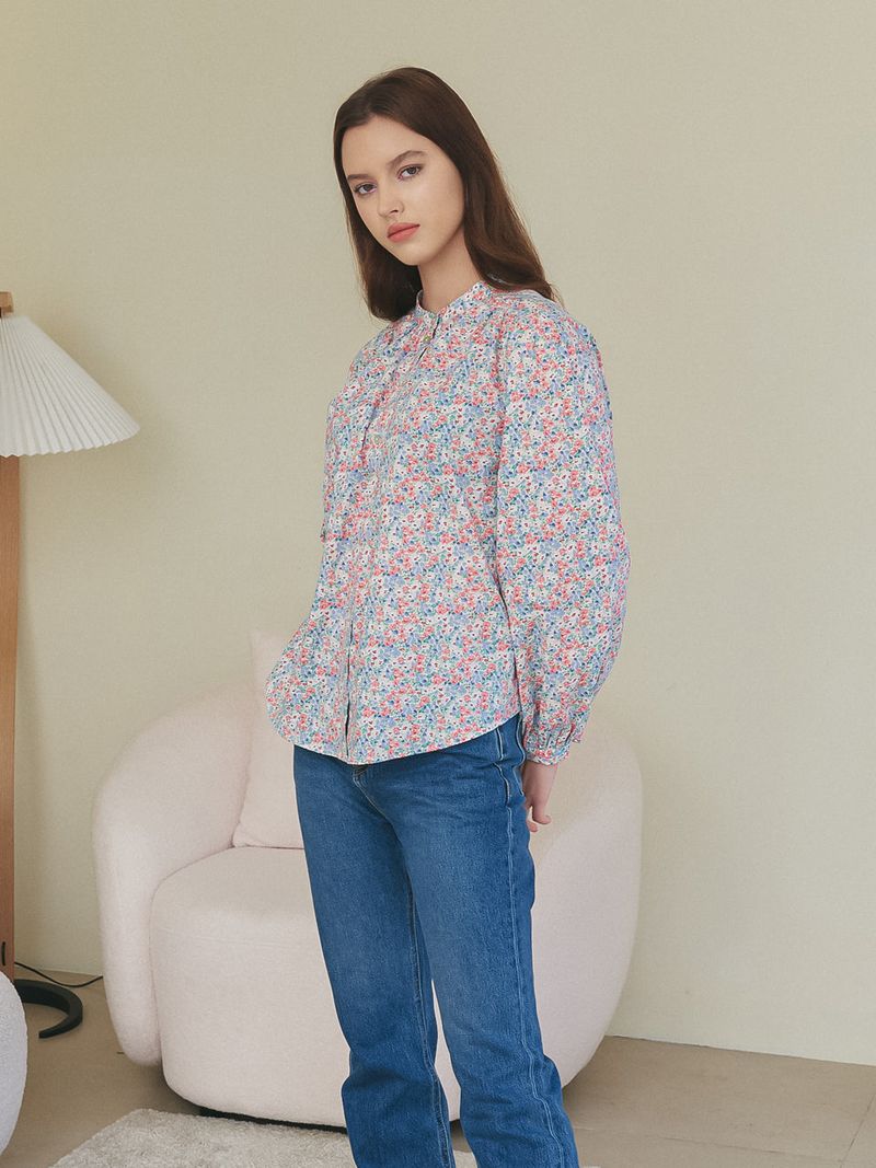 HENRY NECK SHIRRING BLOUSE_FLOWER