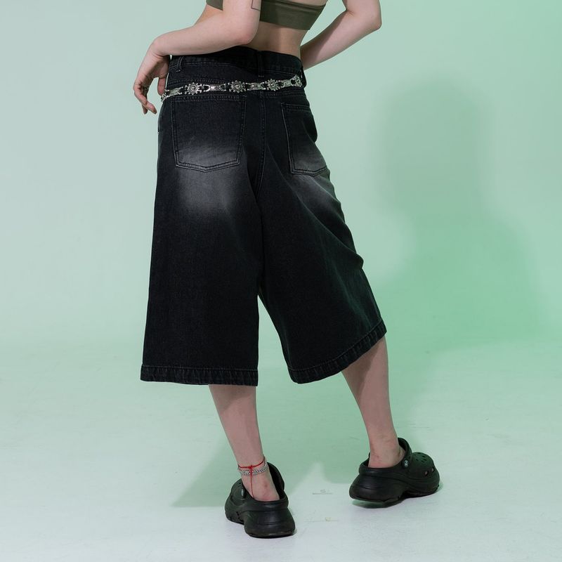 Fire Rose Bermuda Denim Pants Black