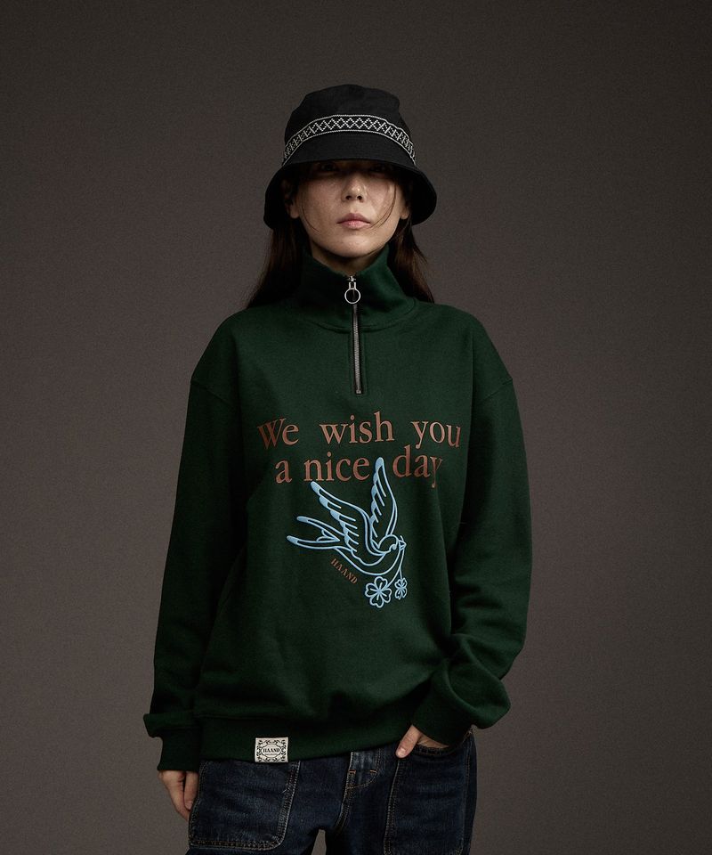 W BLUEBIRD HALF ZIP-UP SWEATSHIRT GREEN