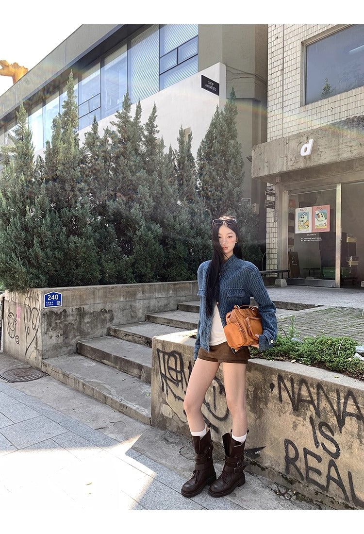 Blue casual gold button denim jacket