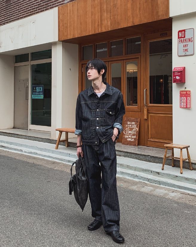 Friendly Pintuck Trucker Denim Jacket Pants Set