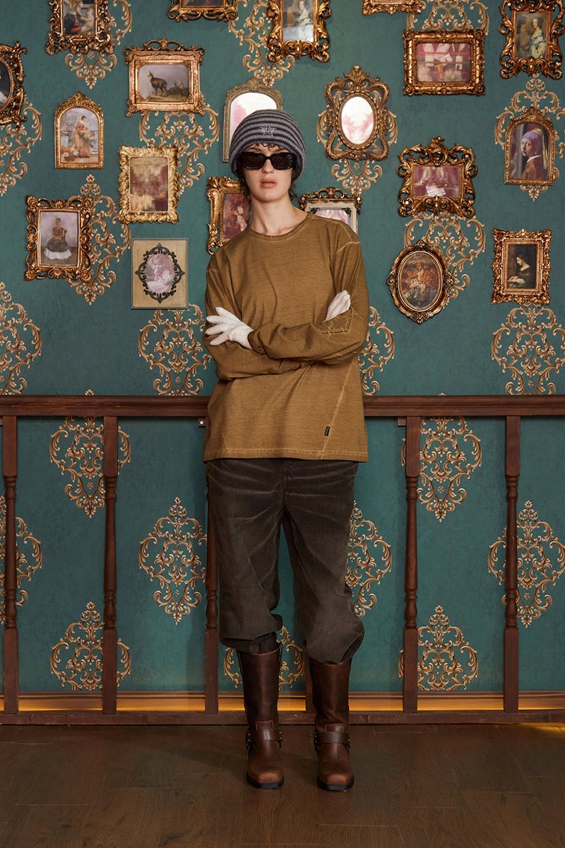 DYED ARGYLE LONG SLEEVE T SHIRT / OLIVE