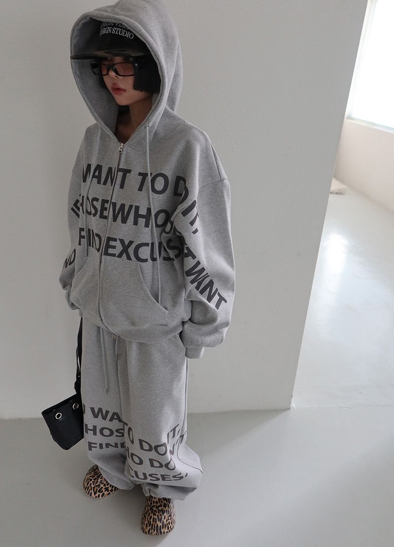 [UNISEX] One-two lettering oversized-fit hooded zip-up jacket