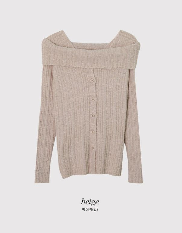 #Romantic Rib Off Shoulder Button Knit (3color)