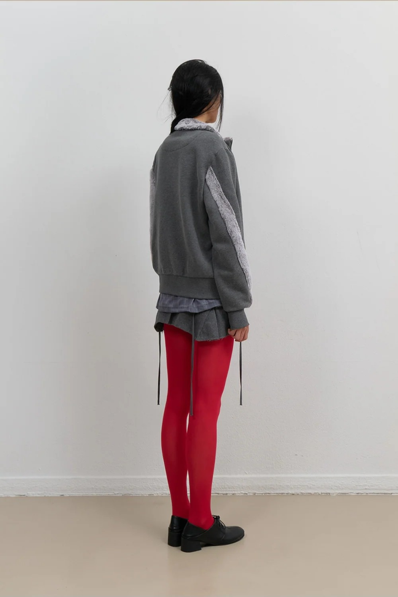 Fur Trim Jersey Zip-up / Charcoal