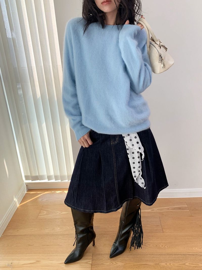 Dark blue raw cotton flared pleats midi skirt