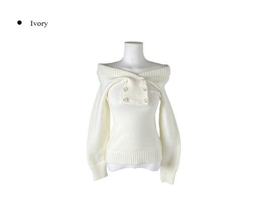 Knots Double Button Off-Shoulder Slim Knit