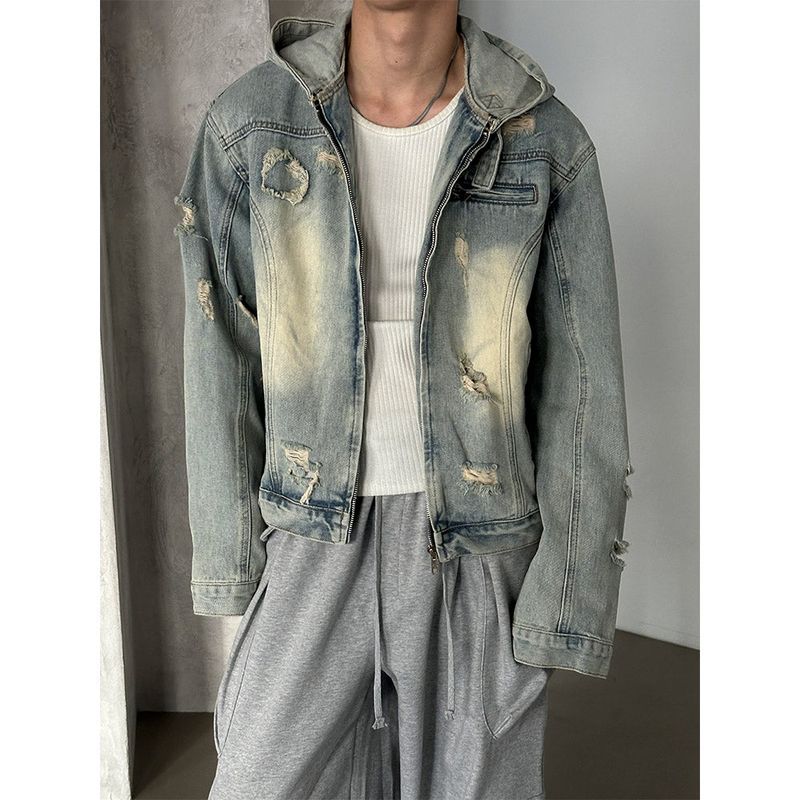 [Unisex] デストロイドデニムフードジャケット(2color)