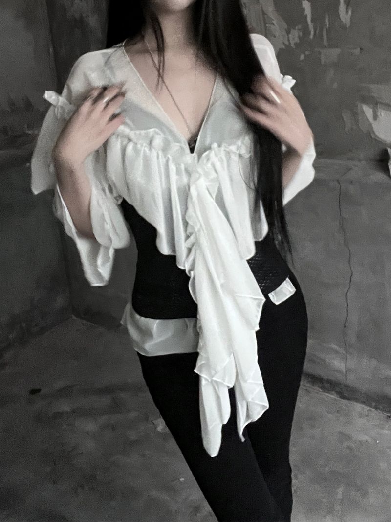 chiffon ruffle v-neck sheer blouse (2color)
