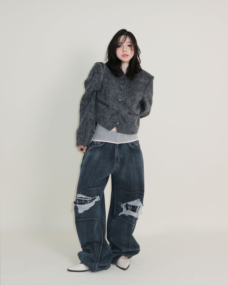 Linda Brush Mohair Crop Long Sleeve Jacket
