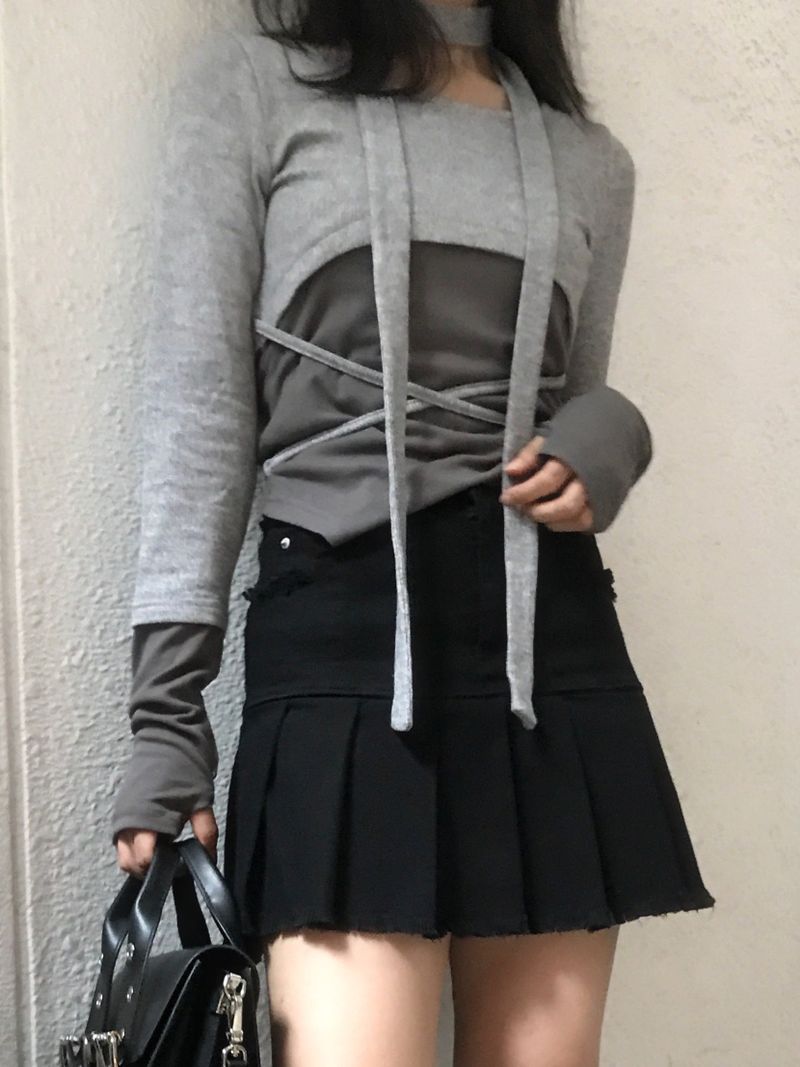 High-Waist Cutting Damage Pleated Skirt