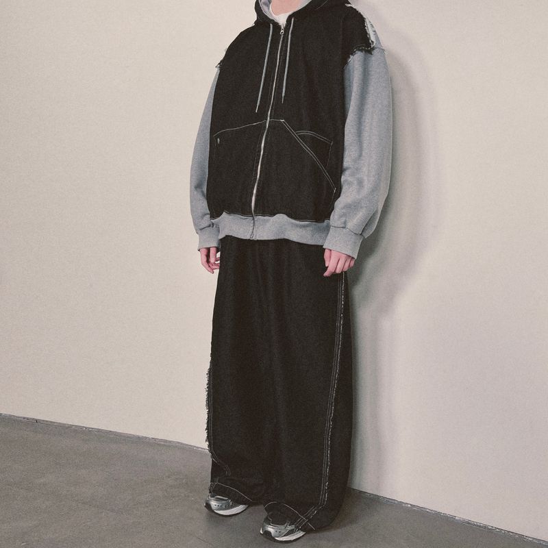 layered deconstructed denim pants_black