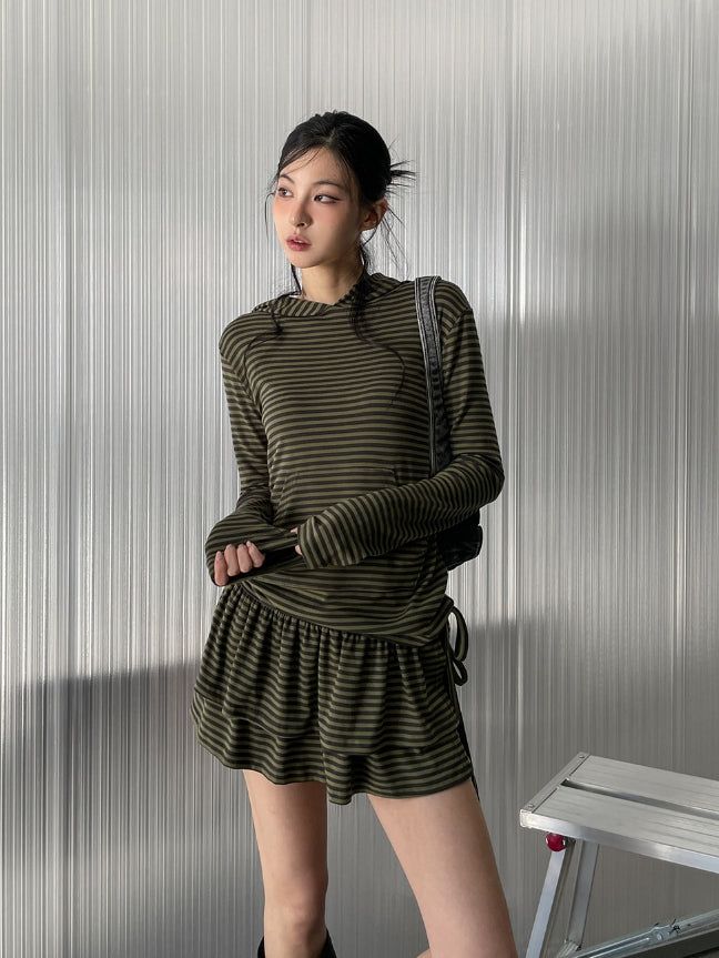 Berry Stripe Hood Flare Wrap Skirt Set
