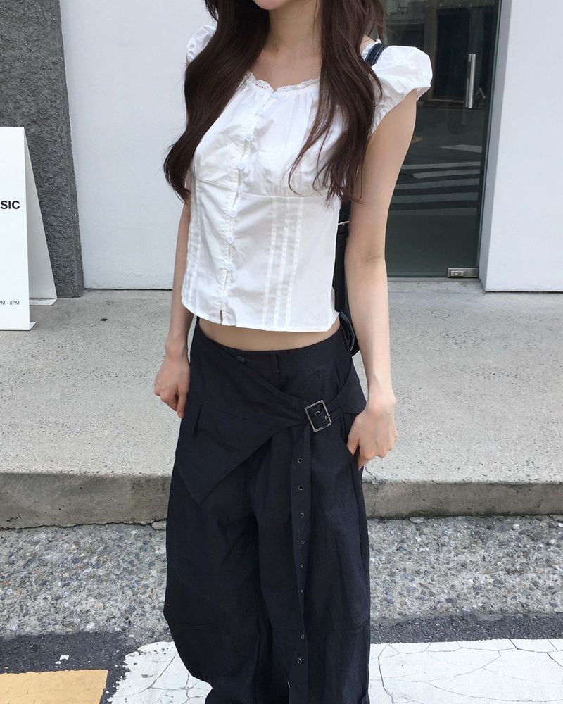 Shirring pintuck puff blouse