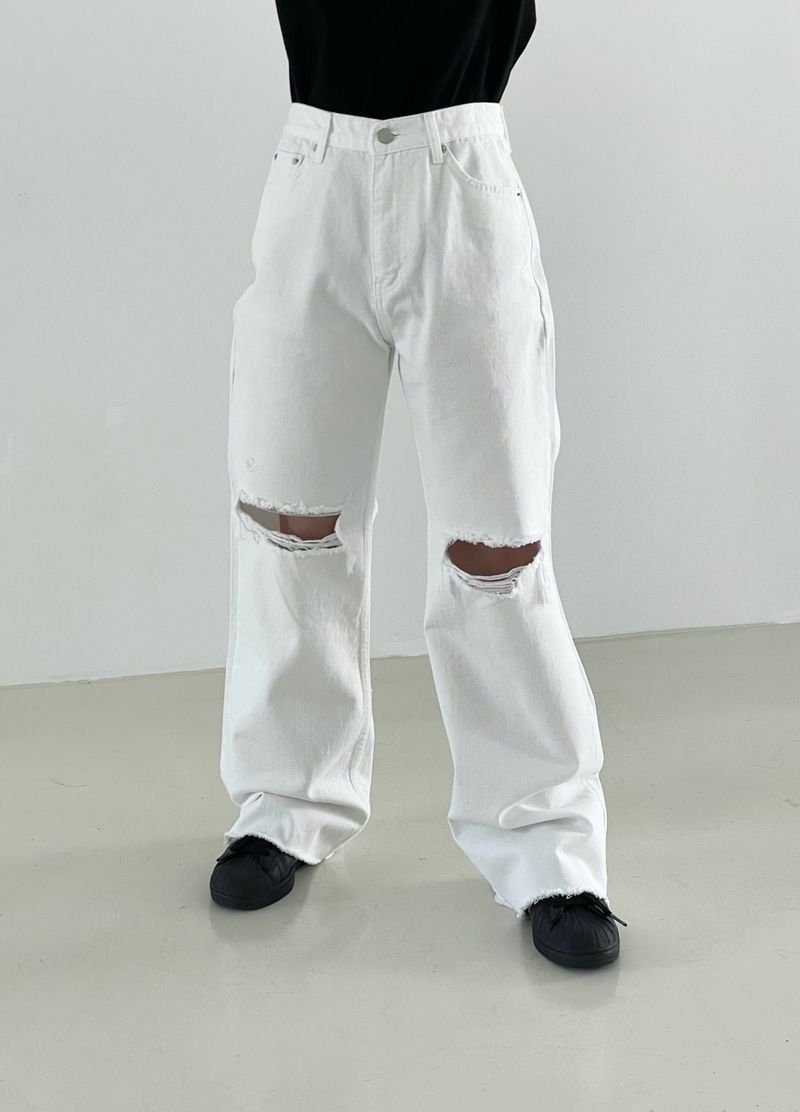 Damage cutting wide denim pants