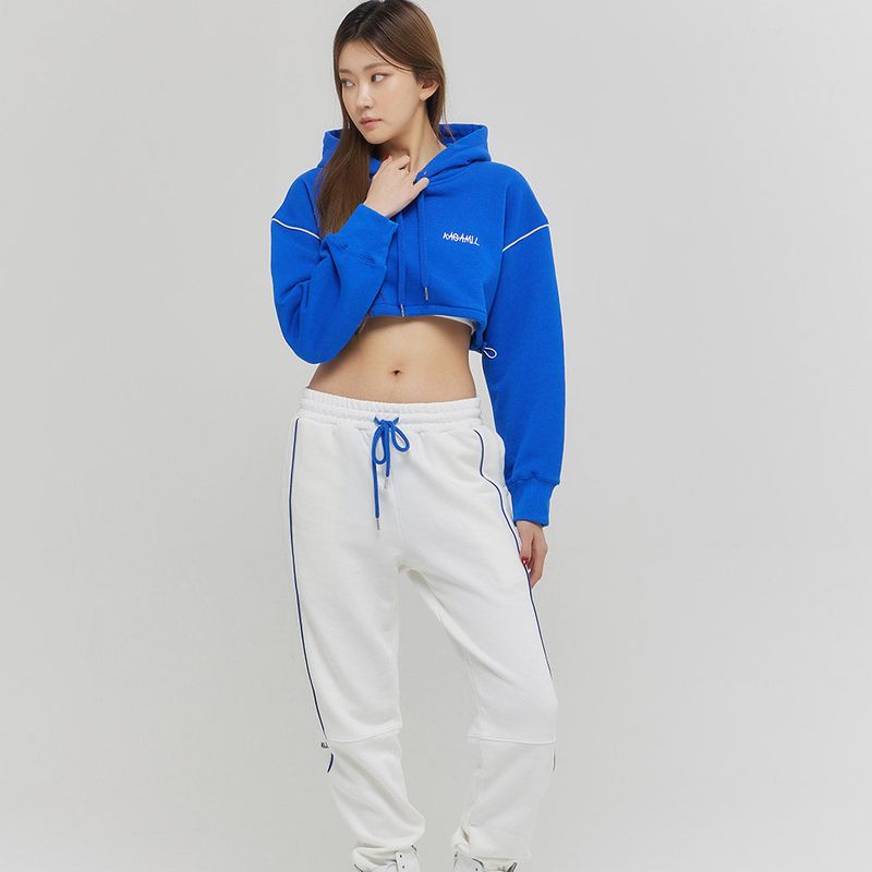Oversize Line Point Crop Hoodie Blue