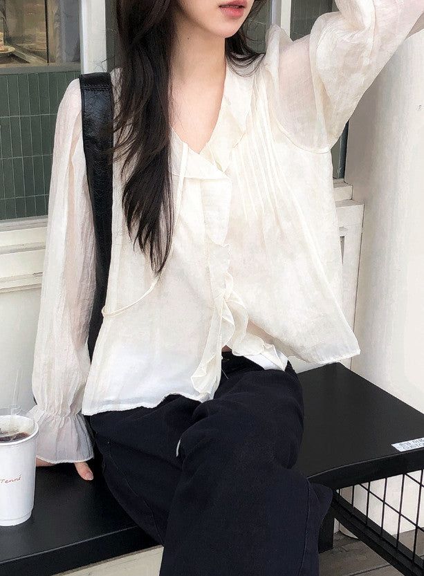 AD Strap Pintuck Frill Ruffle Blouse (3color)