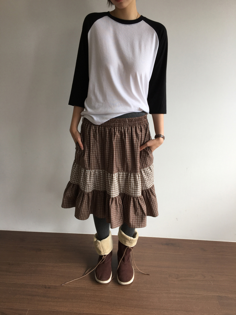 Fold check skirt (3color)