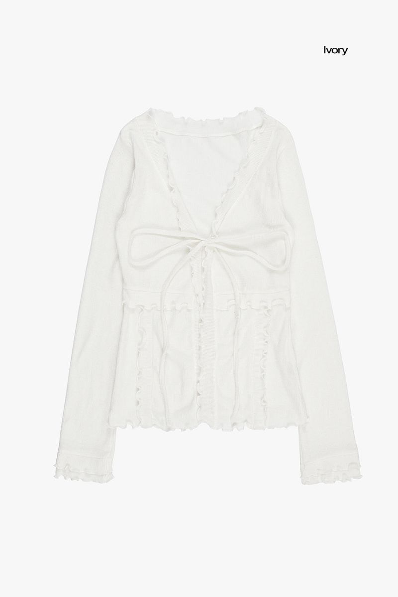 Non-button frill ribbed cardigan