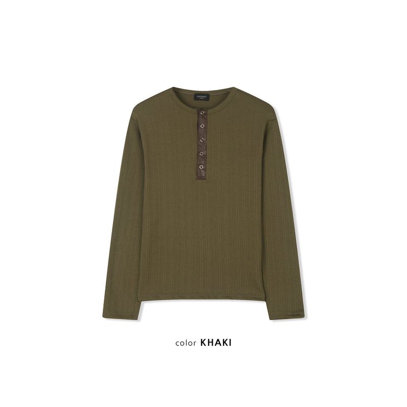 Leather ribbed henry neck long sleeves(Khaki)