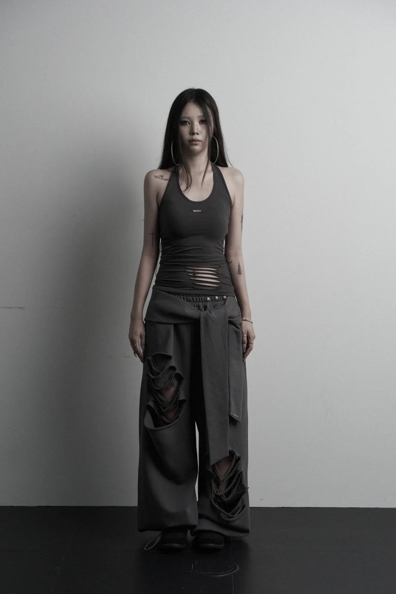 [label] layered tie damage wide pants (charcoal)