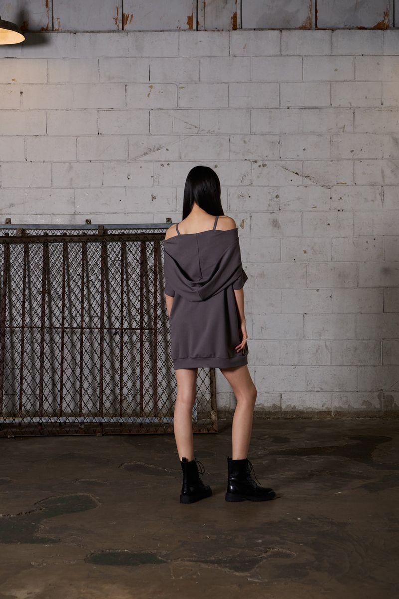 2Way Big Hood Off-Shoulder Mini Dress - Charcoal