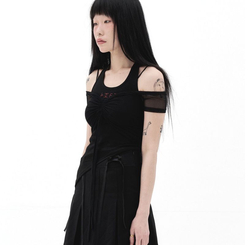 212-mesh shirring off-shoulder