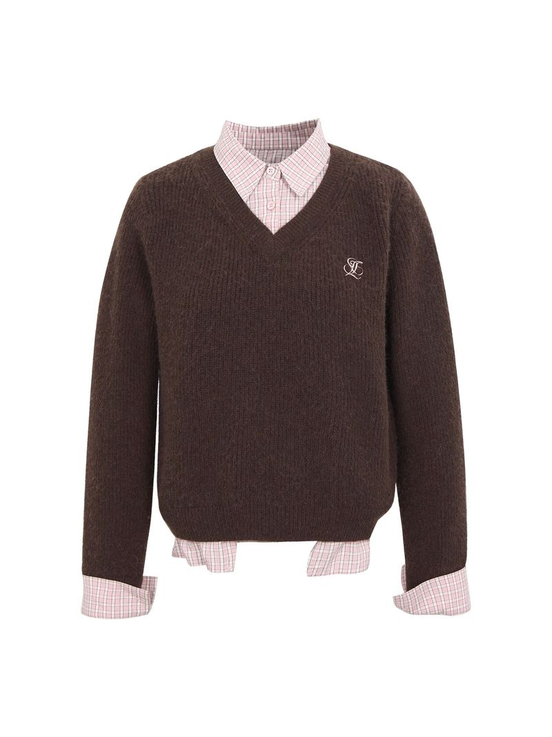 Pink checkered two-piece V-neck brown knitwear