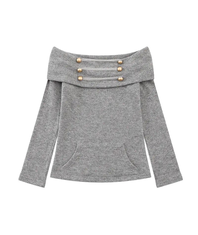Cozy&Kitsch（コージーアンドキッチ）の「ゴールド ボタン オフショルダー ニット トップ（トップス）」