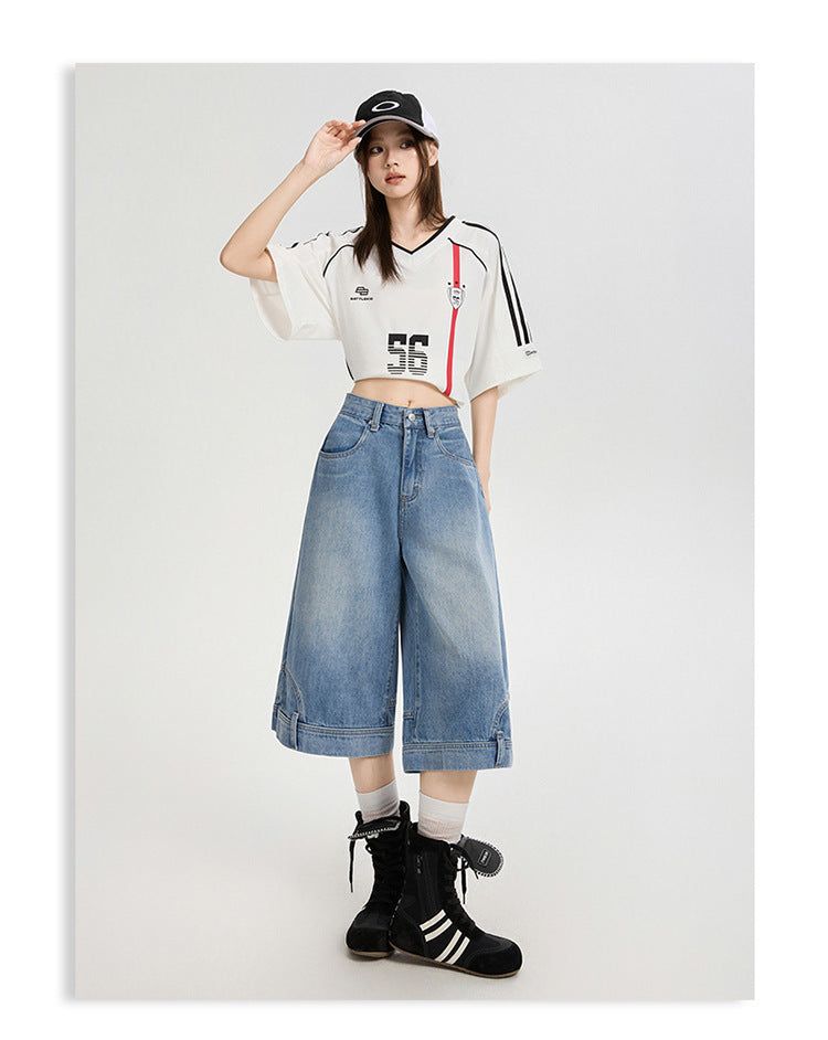 Reversed Detail Wide Denim Bermuda Pants