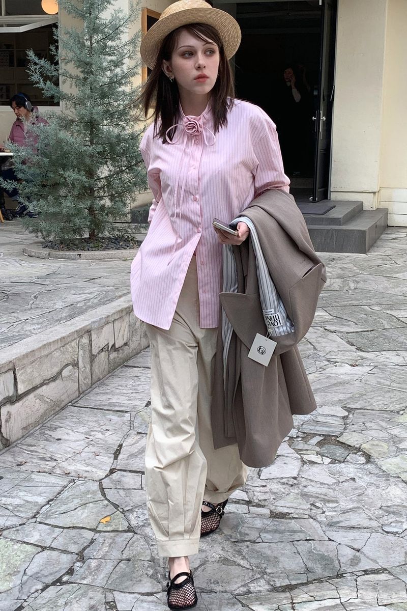 BROOCH STRIPE SHIRT_PINK