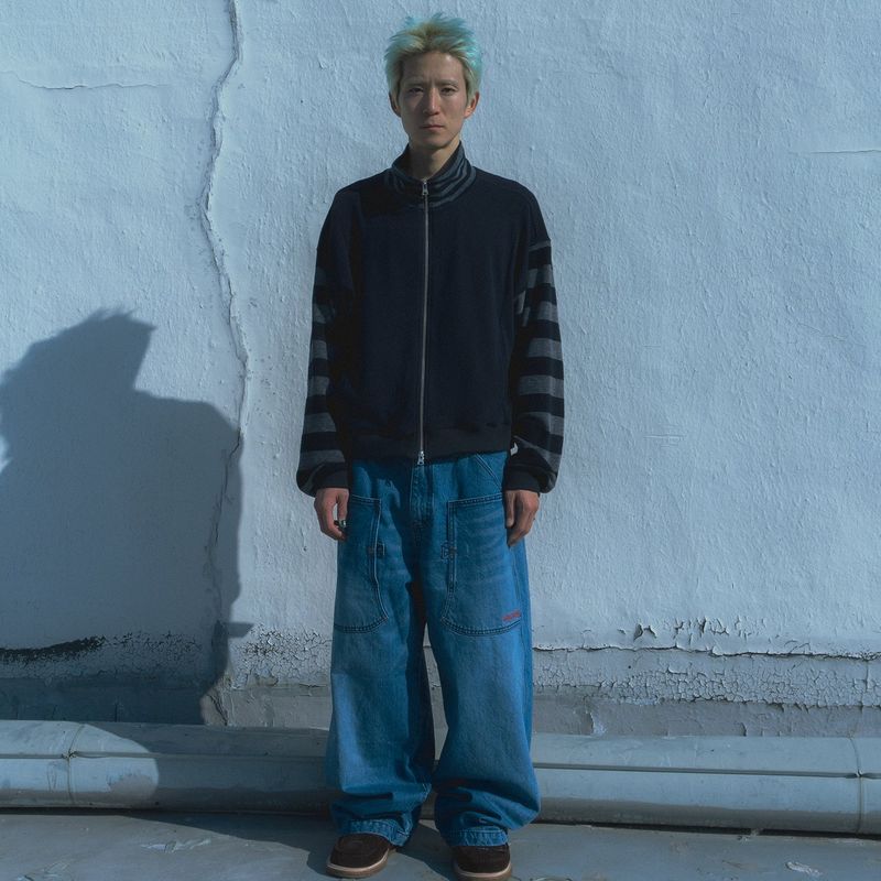 Stripe knit zip-up jacket / Navy