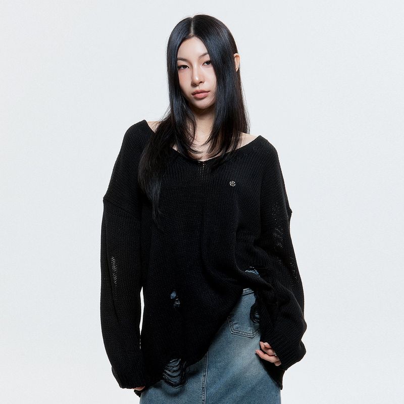 (DUC) Damaged Loose-Fit Knit Black